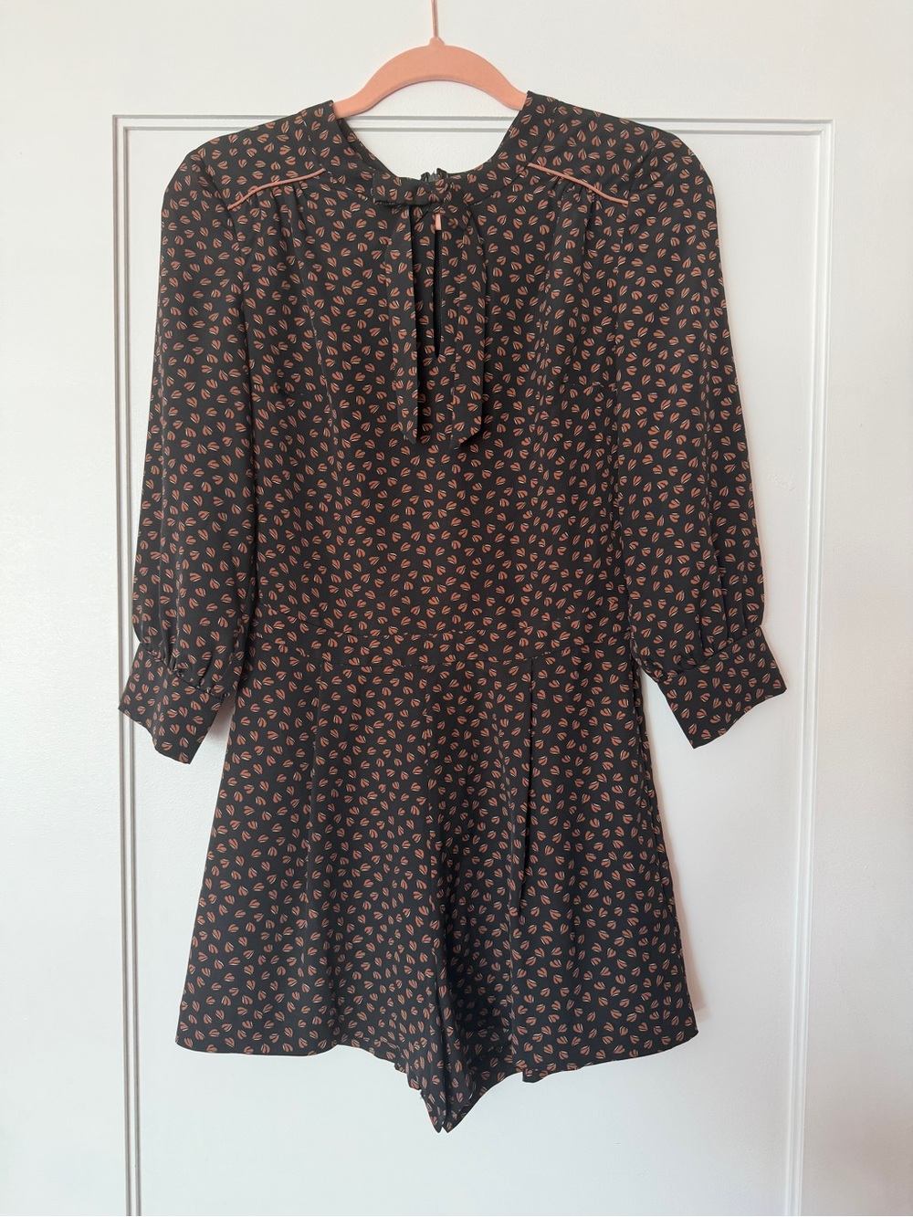 Topshop Black Long Sleeve Romper with Rust Leaf Print and Tie